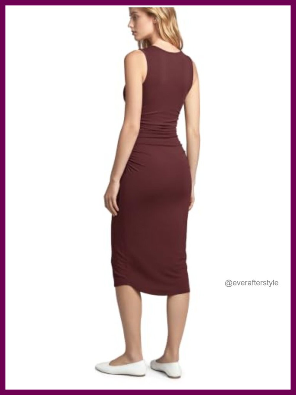 Side Shirred Midi Tank Dress Cloud Feeling Crewneck Sleeveless Bodycon